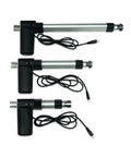 Three Progressive Automations 24V feedback linear actuators with 8in stroke; silver cylinders, black housings.