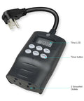 Ultimate Outdoor Digital Timer For Lights With Seven Day Programming And Dual Grounded Outlets showing timer LCD and grounded outlets.