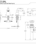 Technical diagram of Magellan Mini Widespread Lavatory Faucet With Pop Up Drain, showing dimensions and parts in polished brass.