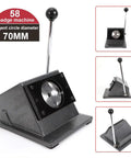 Multi Sheet Circle Punch Die Cutter 58mm and 70mm with hardened steel die cast base and long arm handle, front and side views.