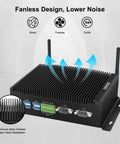 Fanless mini PC featuring aluminum alloy chassis, ports for connectivity, and silent operation for industrial use.