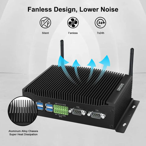 Rock Solid Mini Industrial PC Featuring Intel Core i7 10510U Chip with fanless design, aluminum chassis for heat dissipation.