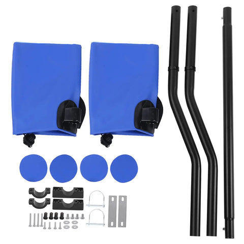 Inflatable Kayak Stabilizer Outrigger Kit For Canoe And Kayak Lightweight Portable Setup Built For Fishing Beginners Quick Install And Easy Remove So You Can Stand Up And Paddle With Grab And Go Stability On The Water, showing blue PVC outriggers and mounting hardware.