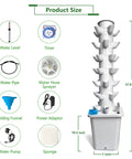 Diagram of Dope Six Tier Vertical Hydroponics Tower With 30 Plant Pods, Automatic Watering Timer, showcasing components and size dimensions.