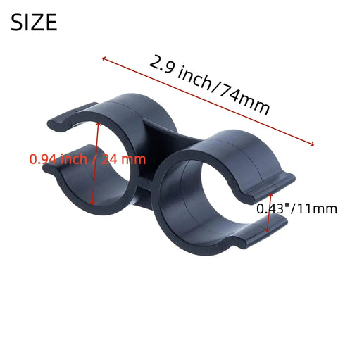 Keep Things Locked Down With These Heavy Duty Double Pipe Clamp Clips Crafted From Tough Plastic To Grip Pvc Tubing And Garden Hose Tight Easy Install Sweet Deal For Weekend Warriors And Homeowners Fixing Projects Fast, showing size dimensions.