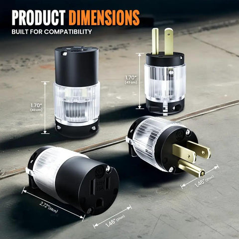 Lighted Plug And Connector Set For 15 Amp 125 Volt Power NEMA 5 15P And 5 15C Straight Blade Male To Female Replacement dimensions