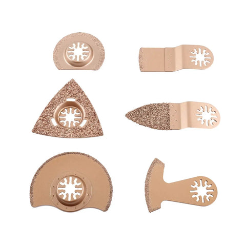 Six Piece Carbide Oscillating Multi Tool Saw Blades Set For Quick Install, various blade shapes on white background.
