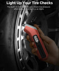 Digital Tire Pressure Gauge With Backlit LED Display Pro Grade Industrial Gauge in use near a car wheel