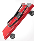 Heavy Duty Foldable Platform Truck Dolly With Four Quiet Ball Bearings And Rugged Plastic Deck For No Sweat Hauling And Quick Fold Storage In Every Home Space, red foldable dolly with handle and wheels.