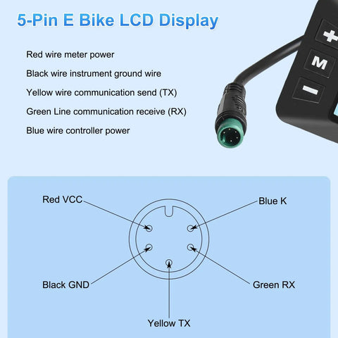 Diagram showing wiring of Waterproof 5 Pin LCD Display GD01 For E Bike Electric Bicycle Controller Monitor.