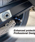 Universal CNC Machined Aluminum Swing Arm Spools With Black Spacer on bike stand showing enhanced protection