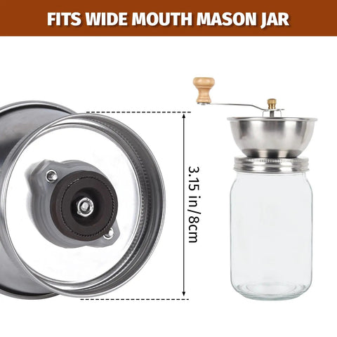 Wide Mouth Mason Jar Coffee Grinder Lid Attachment With Ceramic Burrs on mason jar, showing side view and dimensions