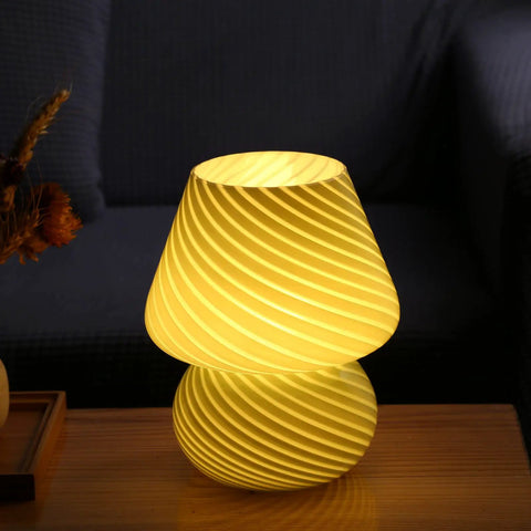 Yellow Glass Mushroom Bedside Lamp With Vintage Murano Stripe Compact Nightstand Desklamp For Cozy Home Decor Bedroom Living Room Gift Idea Warm White LED Glow