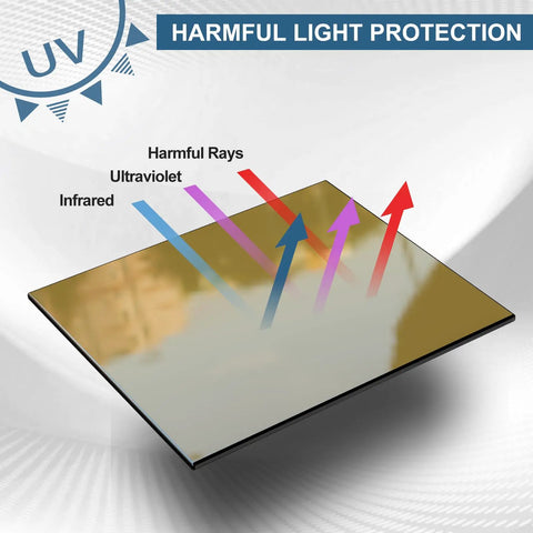 Tough As Nails Welding Glass Lens Shade 10 Gold Hardened Filter showing harmful light protection indicators on surface.