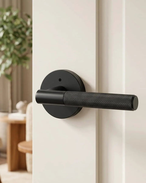 Knurled Matte Black Interior Door Handles 4 Pack Heavy Duty Privacy Lever showing textured grip on a door.