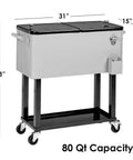 80 Quart Rolling Cooler On Wheels For Backyard BBQ And Patio Parties, Ice Chest With Shelf, Bottle Opener, Stand, Gray