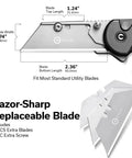 Badass Folding Utility Knife And Sleek Box Cutter With Gray Aluminum Handle Razor Sharp Replaceable Blades close-up showing razor-sharp blade dimensions and extra blades.