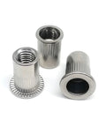 Awesome 20 Pack Of Flat Head Threaded Insert Nuts Made From Premium 316 Stainless Steel For Heavy Duty Metalworking And Solid DIY Home Improvement Projects That Stay Rust Free And Super Secure, showcasing three threaded insert nuts.