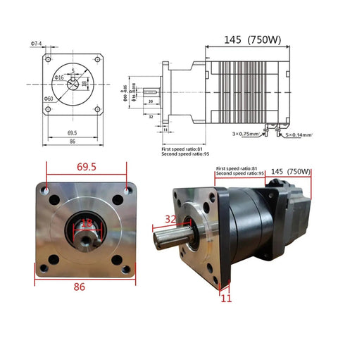 Front and side view of Beefy 750W 48V Brushless Servo Motor With 86Mm Flange, 8-Pole, Low-Speed Reversible Permanent Magnet Reducer.
