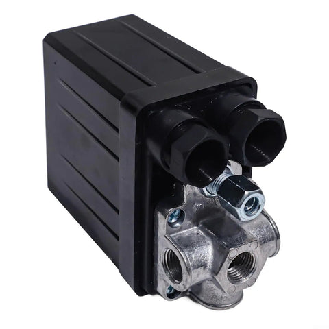 Air Compressor Pressure Switch 90 To 120 Psi 240V Replacement With Four Port Manifold showing metal housing and ports