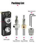 Aluminum Profile Drill Guide With M6 And M8 Step Drill Bits For 20, 30 And 40 Series European Standard Aluminum Extrusion Profiles shown with Allen wrenches and bushings