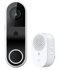 Hardwired 2K Video Doorbell With Chime, Night Vision, black design, and white chime unit, shown side by side on white background.