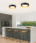 Black And Gold Flush Mount Ceiling Light With Glass Drum Shade Sixteen Point Five Inch Sleek Modern Round Fixture in kitchen
