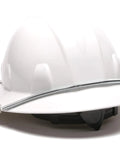 Aluminum Full Brim Hard Hat Face Shield Adapter That Keeps Your Shield Locked In For Real, shown on white hard hat