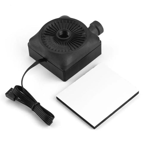 Heavy Lift Slick 12V CPU Water Cooling Pump With 500L Flow Rating And 25DB No Drama Quiet Operation Crafted For Custom PC Liquid Cooling Rigs Today, showing black pump with cable.