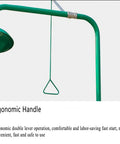 Emergency Eye Wash Station With Eyewash And Shower Kit in stainless steel, green ergonomic handle, ABS coating.
