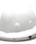 Aluminum Full Brim Hard Hat Face Shield Adapter That Keeps Your Shield Locked In For Real shown on white hard hat