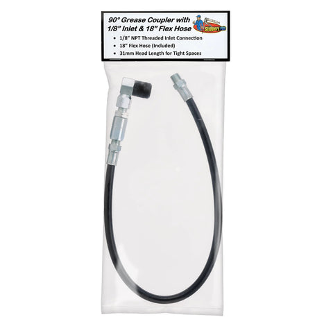 90 degree grease coupler with flex hose, 18-inch, swivel head for tight spaces, mechanics tool, auto shop use, versatile grease gun accessory.