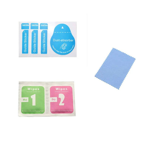 Cleaning accessories for mobile screens including guide stickers, wipes, and a dust absorber for device care.