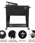 80 Qt Rolling Cooler Cart On Wheels With Large Storage Shelf And Bottle Opener, Durable Iron Frame In Sleek Black