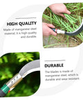 Two Piece Manganese Steel Weeding Sickle Set With Short Handles for durable grass cutting, close-up images showcasing use and design.