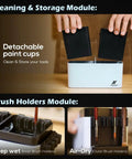Portable All In One Modular Painting Station With Wet Palette, Brush Cleaners, Holders, Lid, and detachable paint cups for easy organization.
