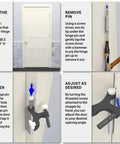 Installation steps for Heavy-Duty Hinge Pin Door Stop Set, 5-Pack, Black, showing door and stopper adjustment process.