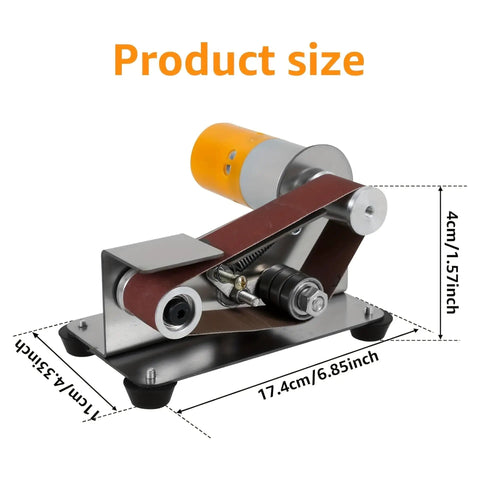 Compact Desktop Mini Electric Belt Sander And Multifunctional Knife Sharpener For DIY Polishing Grinding Machine Set dimensions shown.