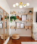 Five Light Bathroom Vanity Light Fixture With Milk Glass Globes In Brass Finish For A Slick Mid Century Modern Look, ceiling view