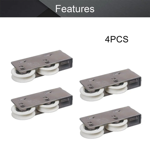 Slick Glide Double Wheel Sliding Door Track Rollers With 27Point5Mm Nylon Wheels And Dang Tough Stainless Steel Shells For Windows And Cabinet Doors Crisp White Electroplated Finish Set Of Four placed neatly in a row.