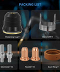 Packing list for Premium 23 Pc Plasma Cutter Torch Consumables Kit, including retaining cup, electrodes, nozzles, and swirl ring.