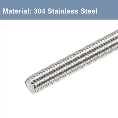 Close-up of M8 x 350mm fully threaded rods set, 1.25mm pitch, 304 stainless steel, 4 pack, right hand threaded rods for furniture building.