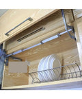 Vertical Lift Operated Hinge Set for Overhead Cabinets with Silent Upward Slide and Forward Translation installed in wooden cabinet