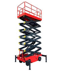 Rock Solid Walk Behind Scissor Lift Aerial Work Platform Hydraulic Lift Table Featuring 500 Kilogram Capacity And 6.8 Meter Reach With 79 By 37 Inch Deck, raised position.