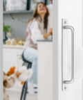 8 Pack Barn Door Handles For Closets And Sliding Doors Seven And A Half Inch Center To Center Silver Zinc Alloy Cabinet Pulls Installed On Door