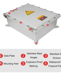 Outdoor waterproof explosion-proof electrical box with stainless steel hinges and screws, designed for harsh industrial environments.