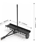 Tow Behind Lawn Dethatcher For Tractors With 24 Spring Steel Tines, Heavy Duty Pine Straw Rake with dimensions shown.