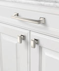 10 Pack 5 Inch Brushed Brass Kitchen Cabinet Handles Gold Cabinet Pulls Set installed on white cupboard