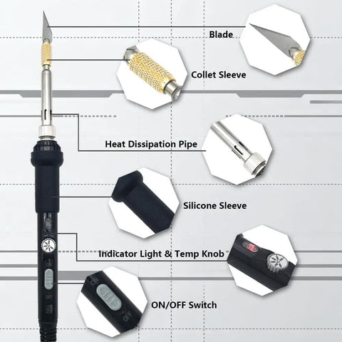 Afantti 31 Piece Electric Hot Knife Foam Cutter Kit with detailed parts including blade, collet sleeve, and temperature controls.