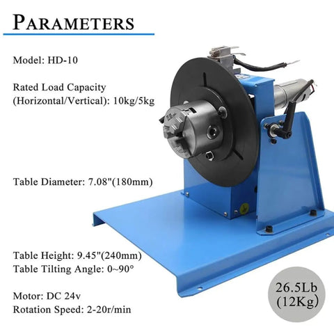 Dead On Rotary Welding Positioner Featuring Slick 90 Degree Tilt Motion And No Sweat Foot Pedal Operation Smooth Turning 180 Millimeter Swivel Base With Tight Fit 65 Millimeter Chuck For Serious Shop Projects showing specifications and dimensions.